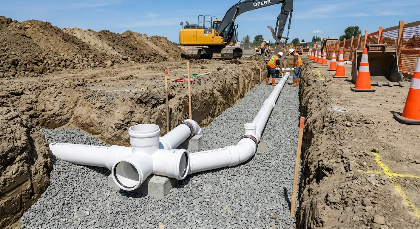 New PVC sewer pipe installation in open trench for Commercial Drain Cleaning in Union